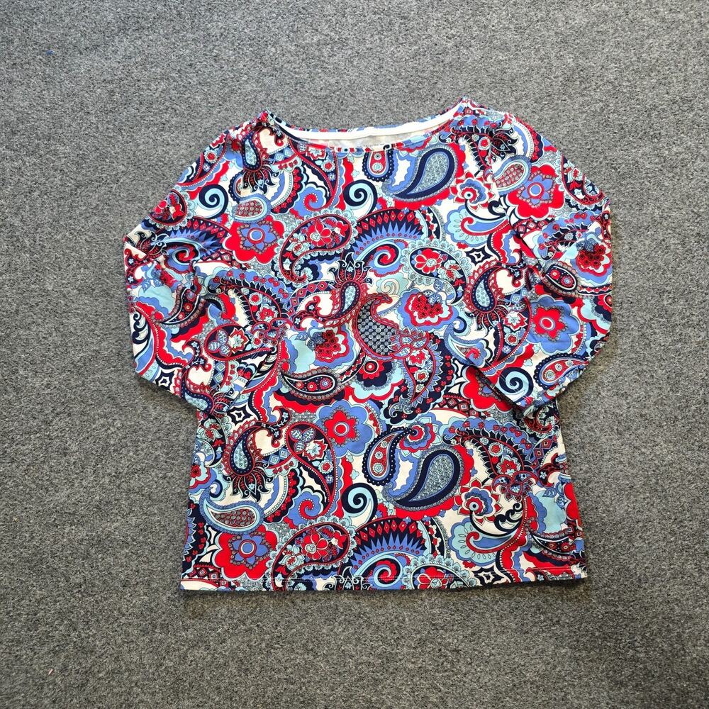 Talbots Top Women Size Medium Petite Red Paisley Boat Neck Strecth Casual Preppy